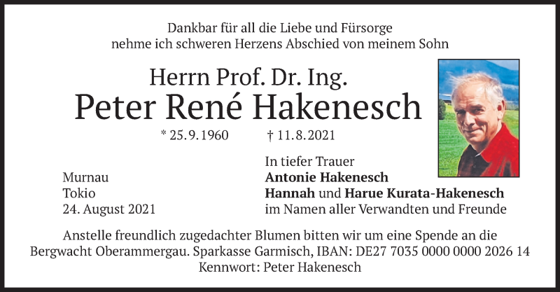  Traueranzeige für Peter Rene Hakenesch vom 24.08.2021 aus merkurtz