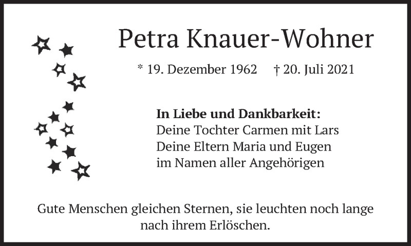  Traueranzeige für Petra Knauer-Wohner vom 07.08.2021 aus merkurtz