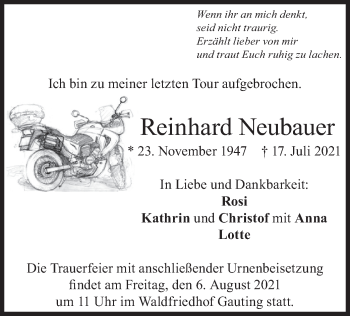 Traueranzeige von Reinhard Neubauer von merkurtz