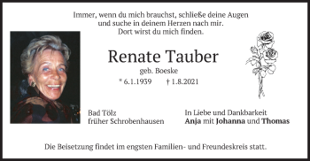 Traueranzeige von Renate Tauber von merkurtz