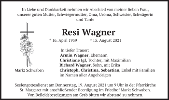 Traueranzeige von Resi Wagner von merkurtz