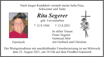 Traueranzeige von Rita Segerer von merkurtz