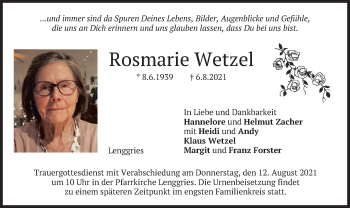 Traueranzeige von Rosmarie Wetzel von merkurtz