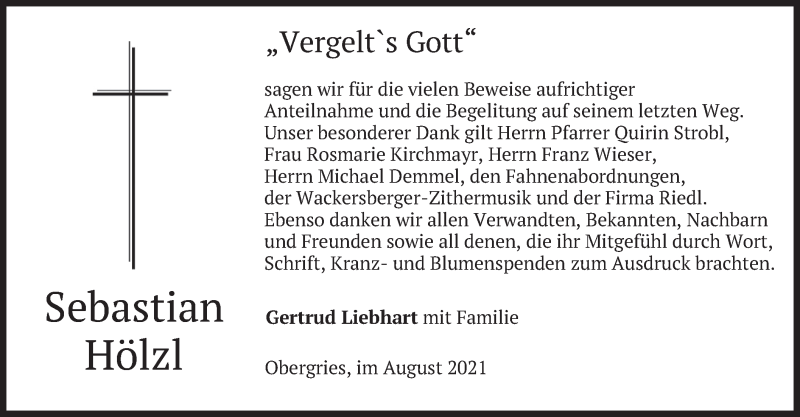  Traueranzeige für Sebastian Hölzl vom 21.08.2021 aus merkurtz
