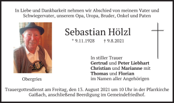 Traueranzeige von Sebastian Hölzl von merkurtz