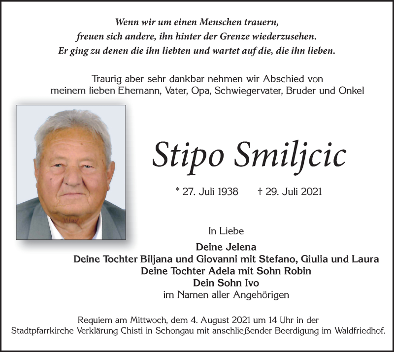  Traueranzeige für Stipo Smiljcic vom 03.08.2021 aus merkurtz