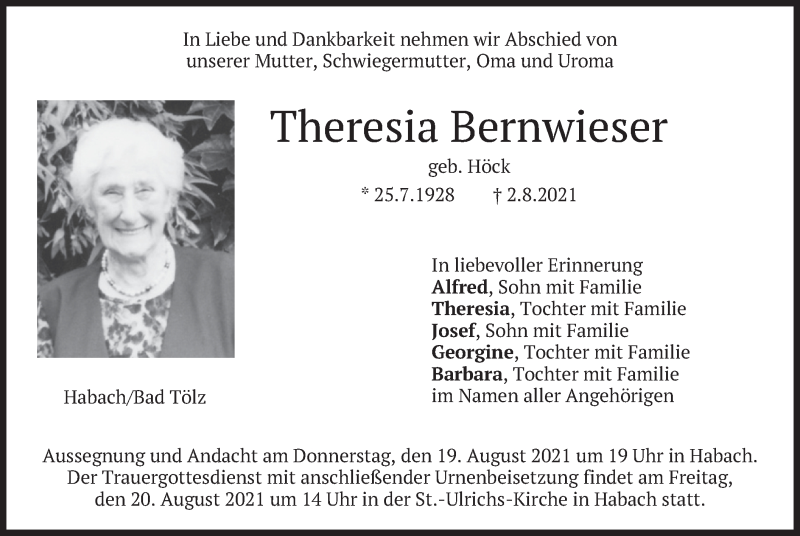  Traueranzeige für Theresia Bernwieser vom 17.08.2021 aus merkurtz