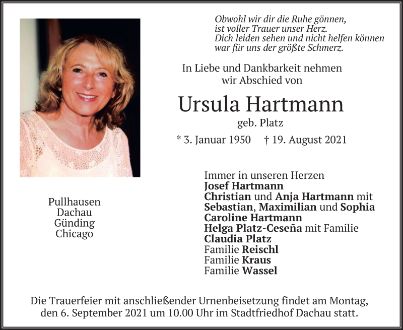  Traueranzeige für Ursula Hartmann vom 28.08.2021 aus merkurtz