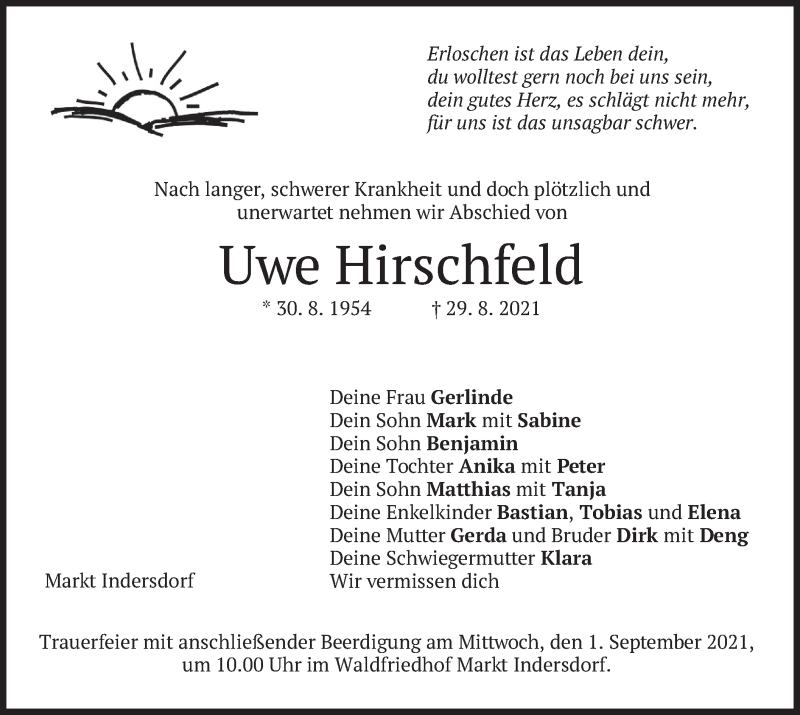  Traueranzeige für Uwe Hirschfeld vom 31.08.2021 aus merkurtz