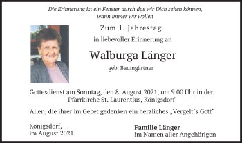 Traueranzeige von Walburga Länger von merkurtz