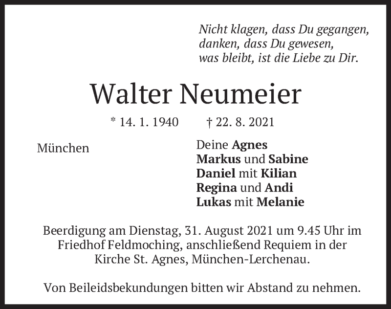  Traueranzeige für Walter Neumeier vom 27.08.2021 aus merkurtz