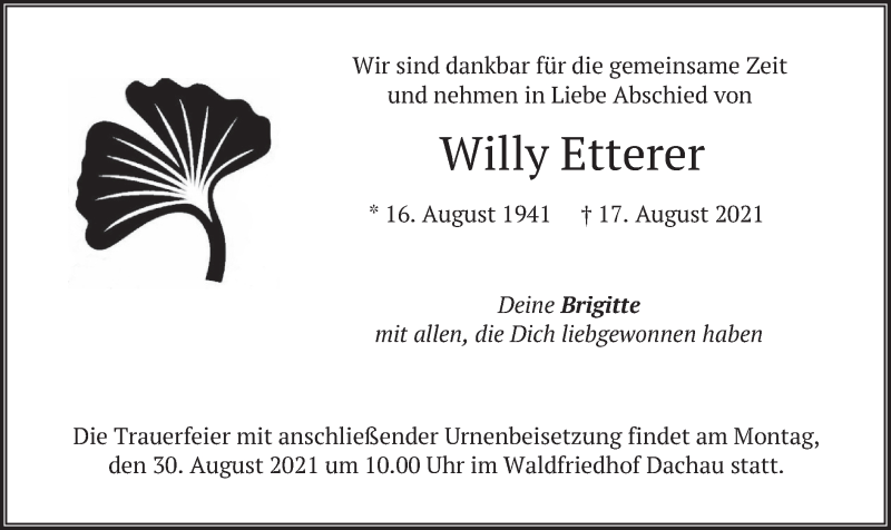  Traueranzeige für Willy Etterer vom 21.08.2021 aus merkurtz