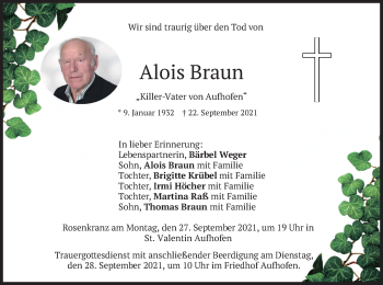 Traueranzeige von Alois Braun von merkurtz