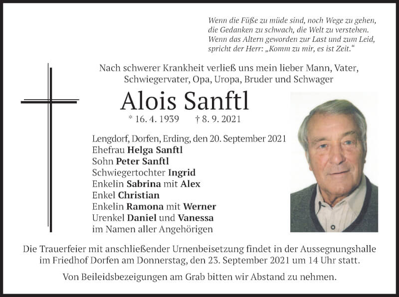  Traueranzeige für Alois Sanftl vom 20.09.2021 aus merkurtz