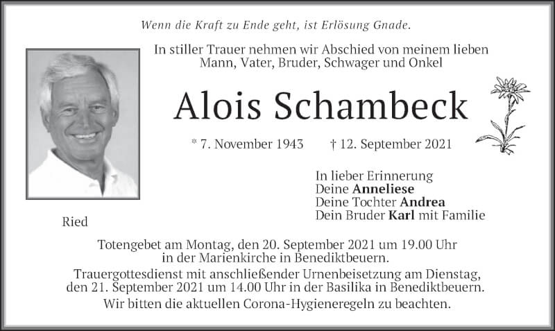  Traueranzeige für Alois Schambeck vom 18.09.2021 aus merkurtz
