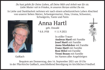 Traueranzeige von Anna Hartl von merkurtz