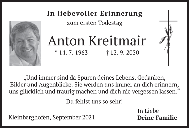  Traueranzeige für Anton Kreitmair vom 11.09.2021 aus merkurtz