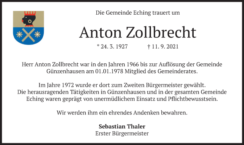  Traueranzeige für Anton Zollbrecht vom 21.09.2021 aus merkurtz