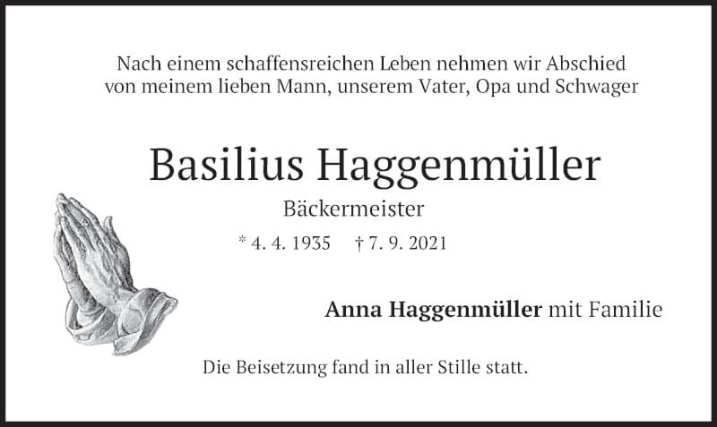  Traueranzeige für Basilius Haggenmüller vom 18.09.2021 aus merkurtz