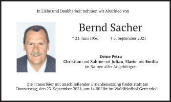 Traueranzeige von Bernd Sacher von merkurtz