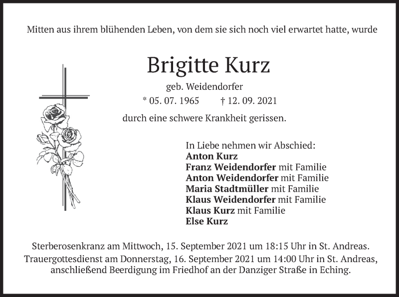  Traueranzeige für Brigitte Kurz vom 14.09.2021 aus merkurtz
