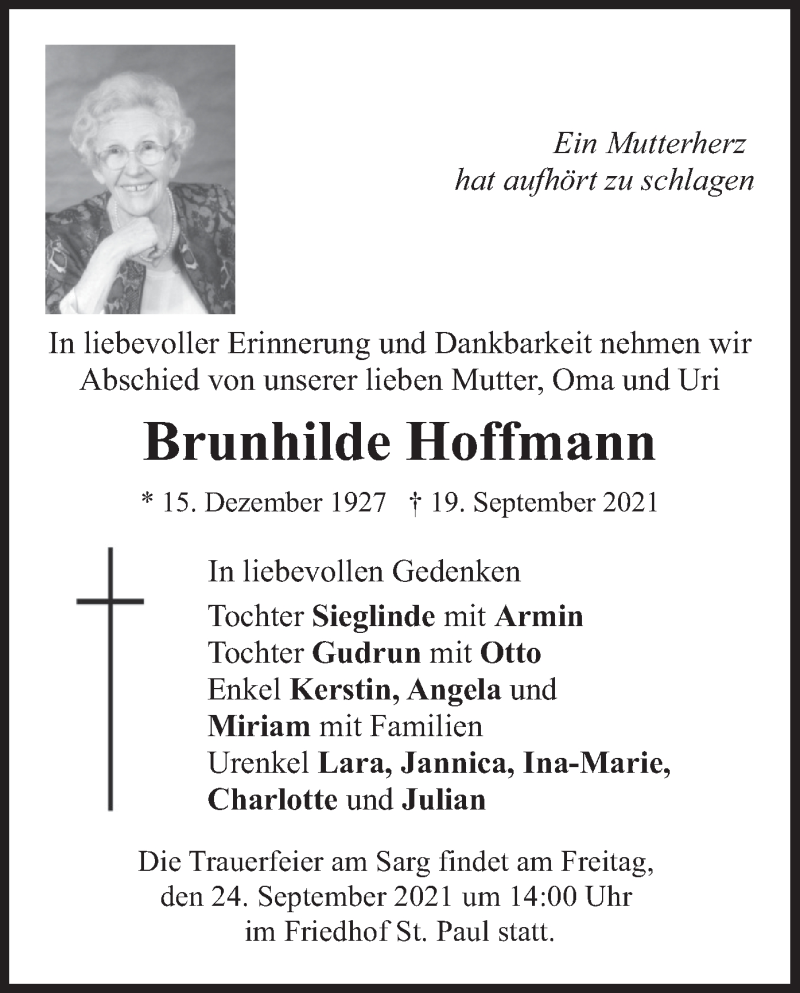  Traueranzeige für Brunhilde Hoffmann vom 22.09.2021 aus merkurtz