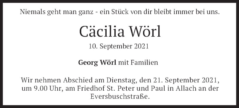  Traueranzeige für Cäcilia Wörl vom 18.09.2021 aus merkurtz