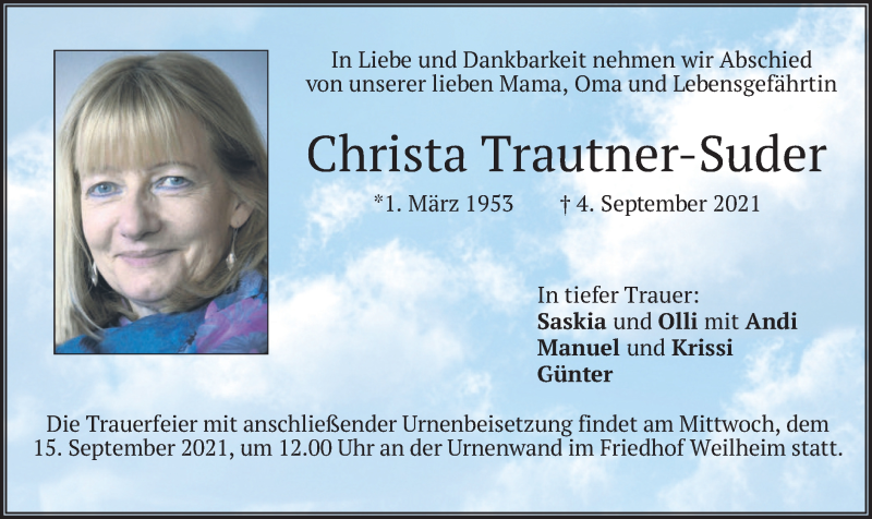  Traueranzeige für Christa Trautner-Suder vom 11.09.2021 aus merkurtz