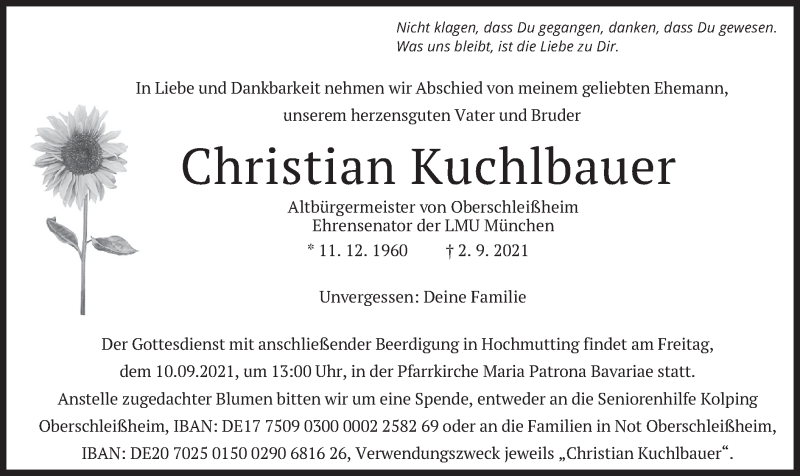  Traueranzeige für Christian Kuchlbauer vom 04.09.2021 aus merkurtz