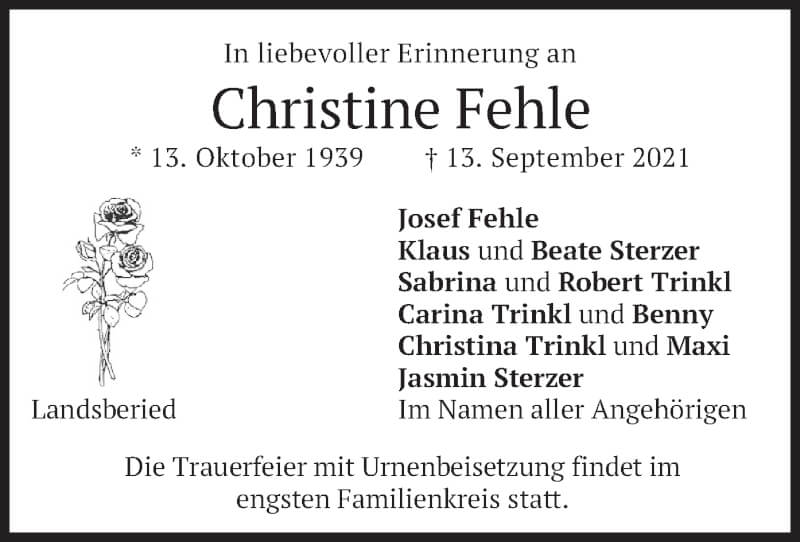  Traueranzeige für Christine Fehle vom 18.09.2021 aus merkurtz