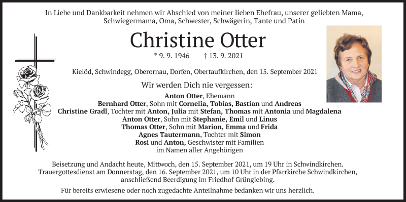  Traueranzeige für Christine Otter vom 15.09.2021 aus merkurtz