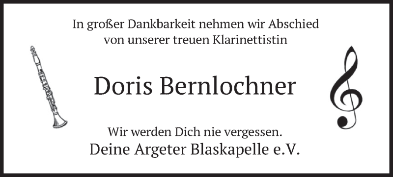  Traueranzeige für Doris Bernlochner vom 15.09.2021 aus merkurtz