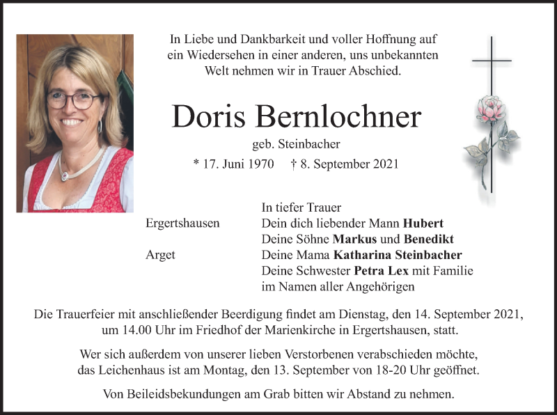  Traueranzeige für Doris Bernlochner vom 11.09.2021 aus merkurtz