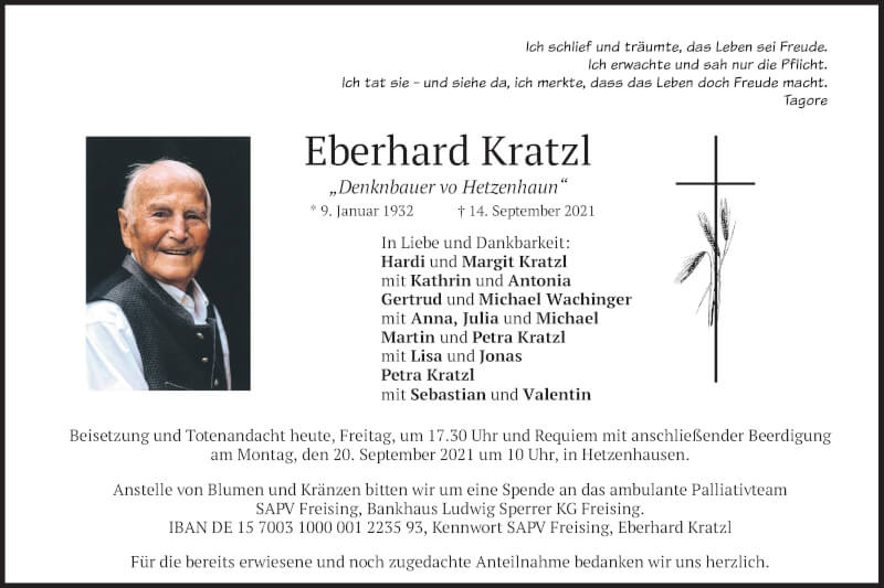  Traueranzeige für Eberhard Kratzl vom 17.09.2021 aus merkurtz