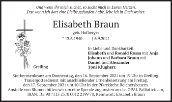 Traueranzeige von Elisabeth Braun von merkurtz