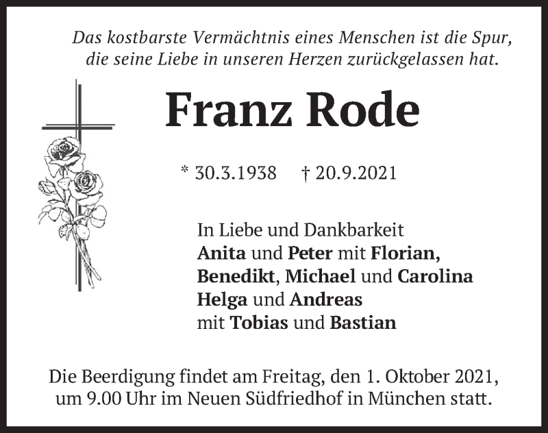  Traueranzeige für Franz Rode vom 25.09.2021 aus merkurtz