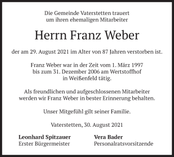 Traueranzeige von Franz Weber von merkurtz