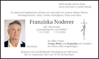 Traueranzeige von Franziska Noderer von merkurtz