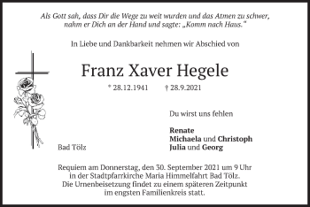 Traueranzeige von Franz Xaver Hegele von merkurtz