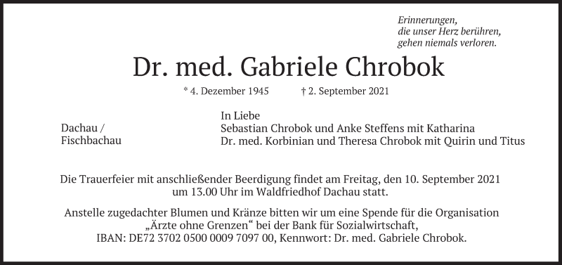  Traueranzeige für Gabriele Chrobok vom 04.09.2021 aus merkurtz