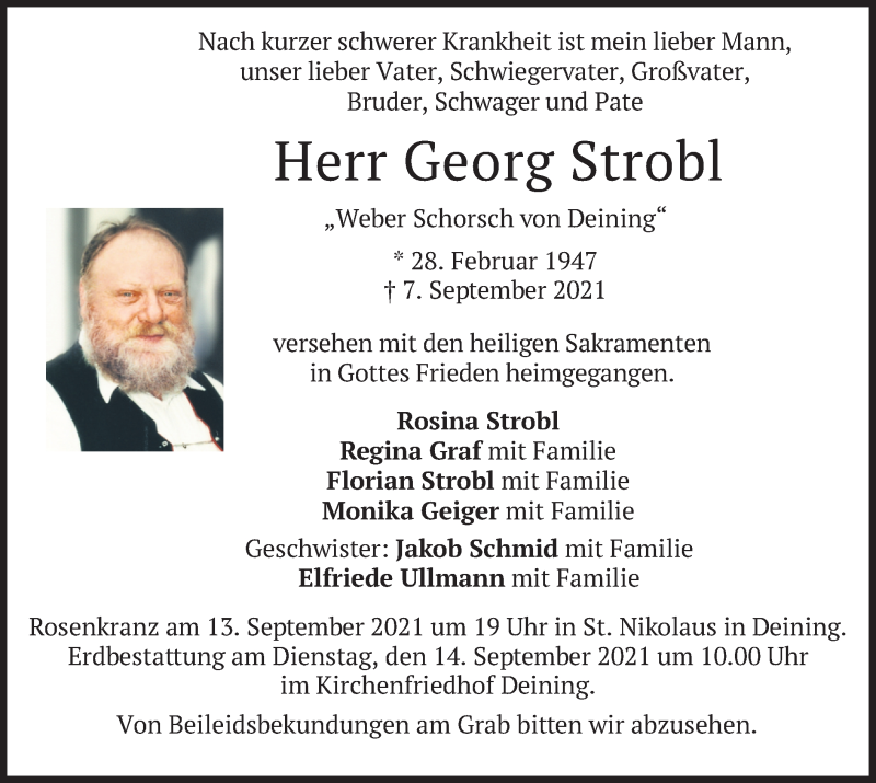  Traueranzeige für Georg Strobl vom 11.09.2021 aus merkurtz