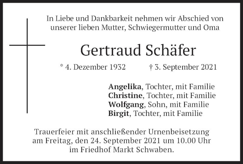  Traueranzeige für Gertraud Schäfer vom 18.09.2021 aus merkurtz