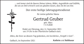 Traueranzeige von Gertrud Gruber von merkurtz