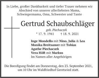 Traueranzeige von Gertrud Schaubschläger von merkurtz