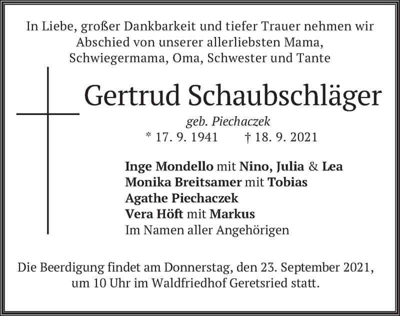  Traueranzeige für Gertrud Schaubschläger vom 22.09.2021 aus merkurtz