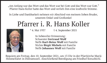 Traueranzeige von Hans Koller von merkurtz