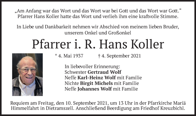  Traueranzeige für Hans Koller vom 08.09.2021 aus merkurtz
