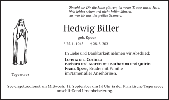 Traueranzeige von Hedwig Biller von merkurtz