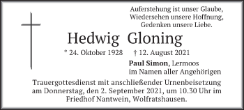 Traueranzeige von Hedwig Gloning von merkurtz