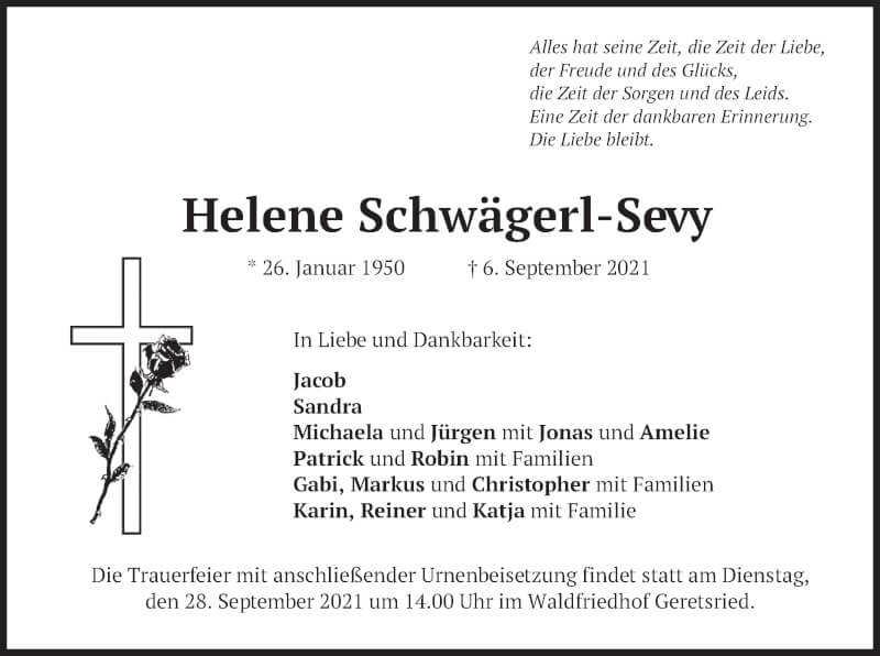  Traueranzeige für Helene Schwägerl-Sevy vom 18.09.2021 aus merkurtz